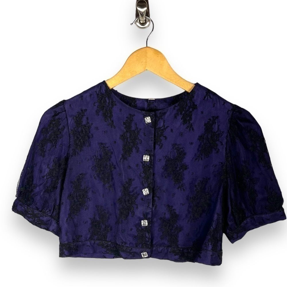 Elizabeth Gillett Lace Overlay Button Front Shrug Bolero, Purple, Size Small